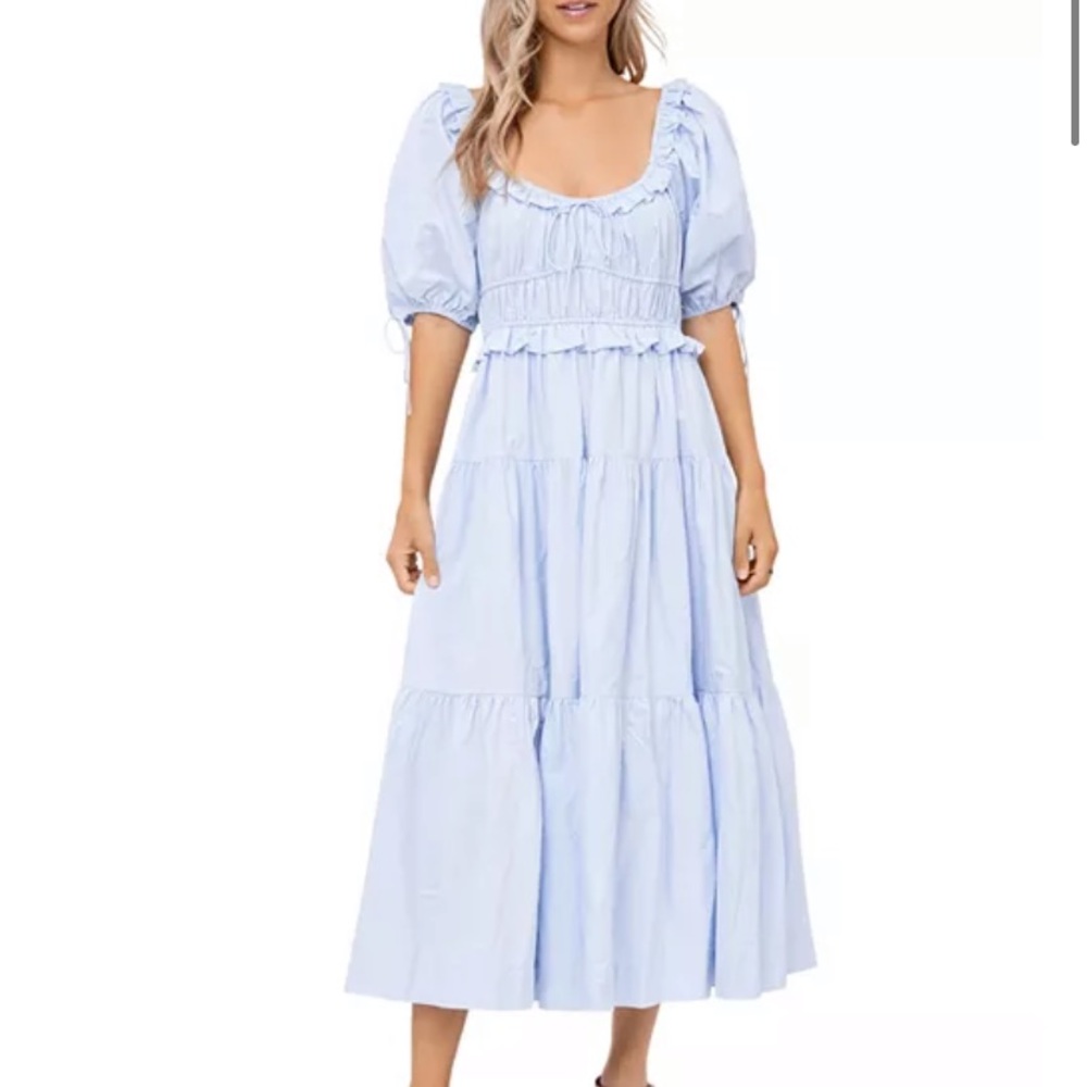 En Saison Poplin Puff-Sleeve Tiered Midi Dress